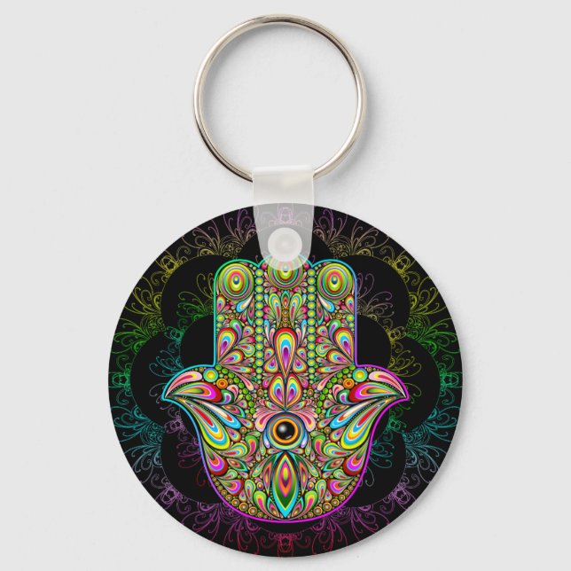 Hamsa Fatma Hand Psychedelic Art Keychain (Front)