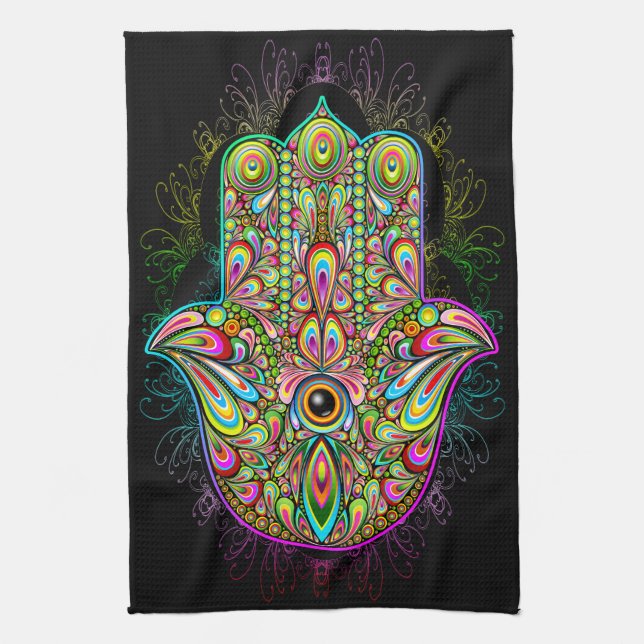 Hamsa Fatma Hand Psychedelic Art Kitchen Towel (Vertical)