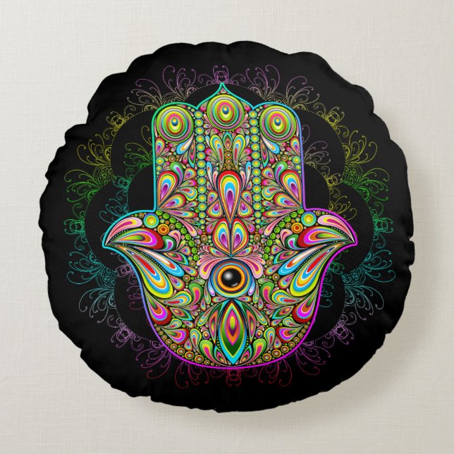 Hamsa Fatma Hand Psychedelic Art Round Pillow (Front)