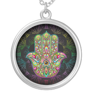 Hamsa Fatma Hand Psychedelic Art Silver Plated Necklace
