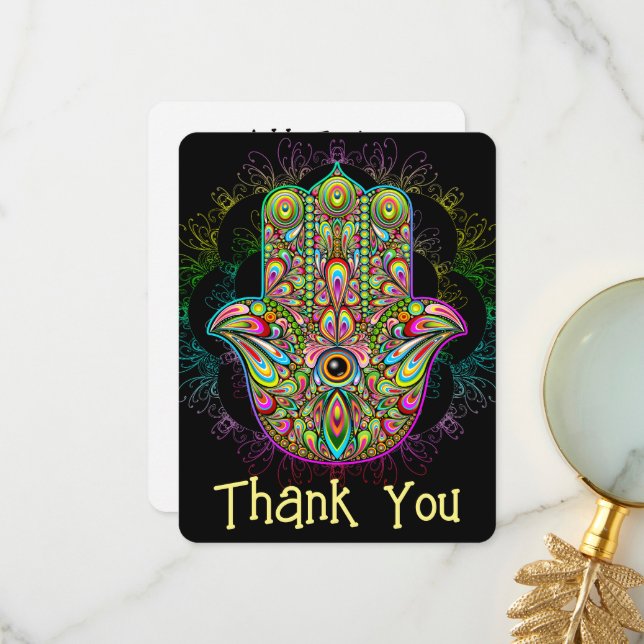 Hamsa Fatma Hand Psychedelic Art Thank You Card (Front/Back In Situ)