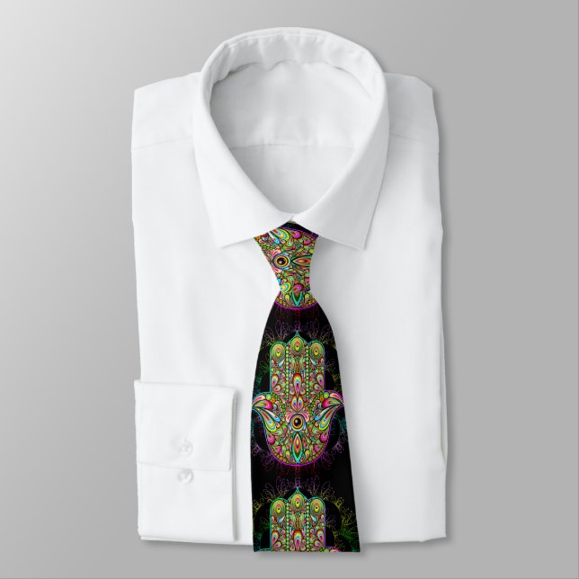 Hamsa Fatma Hand Psychedelic Art Tie (Tied)
