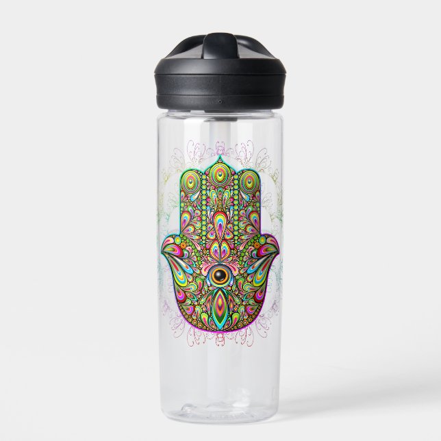Hamsa Fatma Hand Psychedelic Art Water Bottle (Front)
