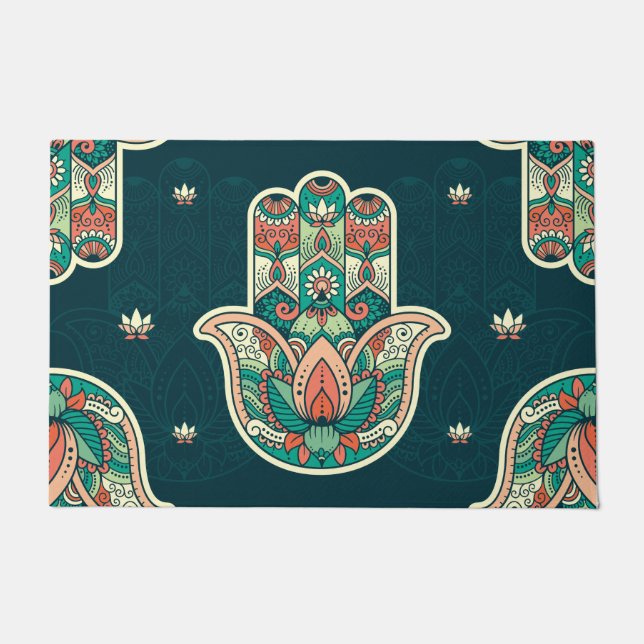 Hamsa Hamsah Moroccan Jewish Hand Welcome Doormat (Front)