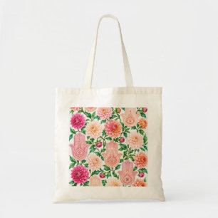 Hamsa Hand and Dahlia Flowers Floral Evil Eye Tote Bag