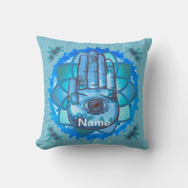 Hamsa Hand Blue Lotus Throw Pillow (Front)