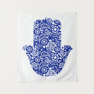 Hamsa Hand Bohemian Blue White Tapestry