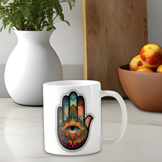 Hamsa Hand Classic Mug, 11 oz Coffee Mug (Hamsa hand coffee mug sits on a kitchen counter)