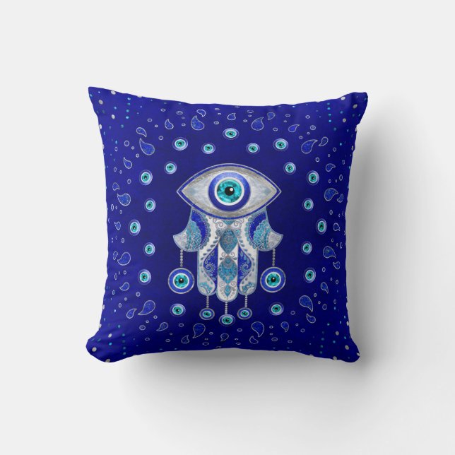 Hamsa Hand -Evil Eye Amulet Throw Pillow (Front)