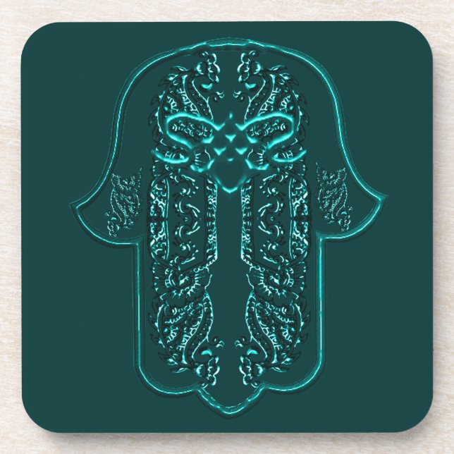Hamsa Hand feat: Heart (Teal) Coaster (Front)