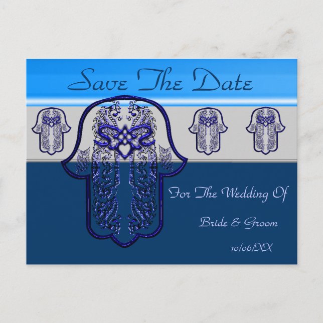 Hamsa Hand feat: Heart (Wedding) (Blue) Announcement Postcard (Front)
