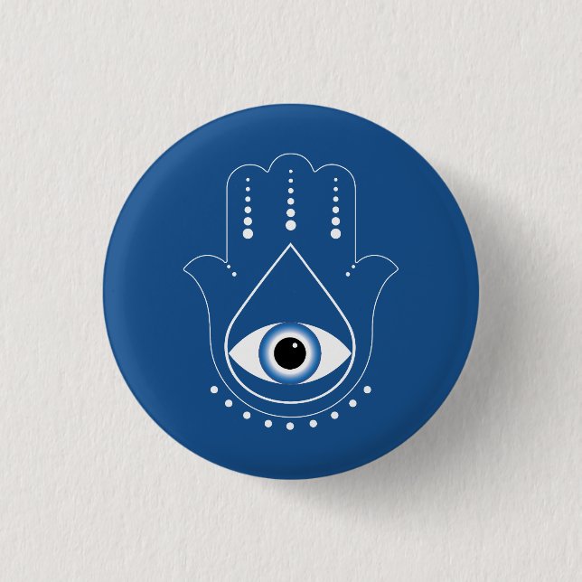 Hamsa Hand Greek Evil Eye Blue 1 Inch Round Button (Front)