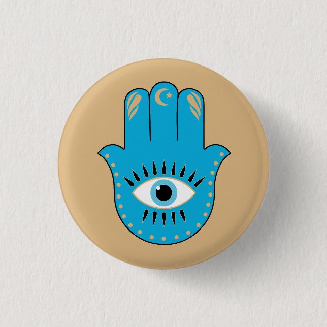 Hamsa Hand Greek Evil Eye Blue 1 Inch Round Button (Front)