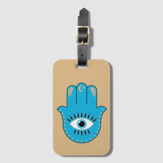 Hamsa Hand Greek Evil Eye Blue Luggage Tag (Front Vertical)