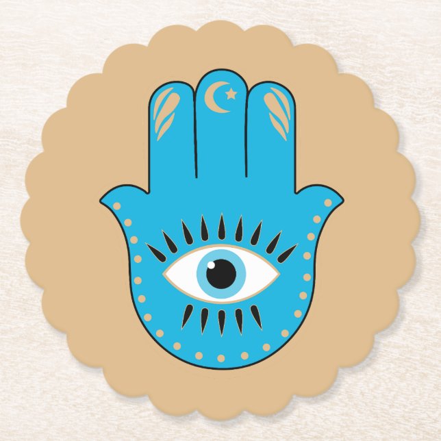 Hamsa Hand Greek Evil Eye Blue Paper Coaster (Front)