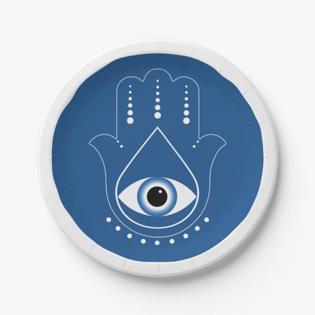 Hamsa Hand Greek Evil Eye Blue Paper Plate (Front)
