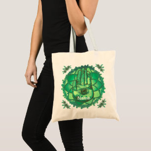 Hamsa Hand Green Lotus tote bag