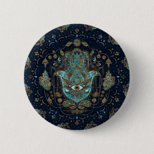 Hamsa Hand -Hand of Fatima Blue Gemstones 2 Inch Round Button