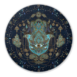 Hamsa Hand -Hand of Fatima Blue Gemstones Ceramic Knob