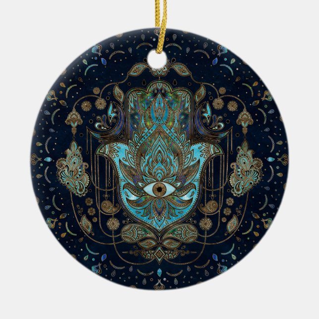 Hamsa Hand -Hand of Fatima Blue Gemstones Ceramic Ornament (Front)