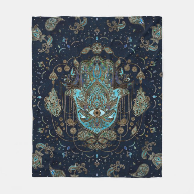 Hamsa Hand -Hand of Fatima Blue Gemstones Fleece Blanket (Front)