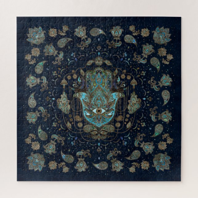 Hamsa Hand -Hand of Fatima Blue Gemstones Jigsaw Puzzle (Vertical)