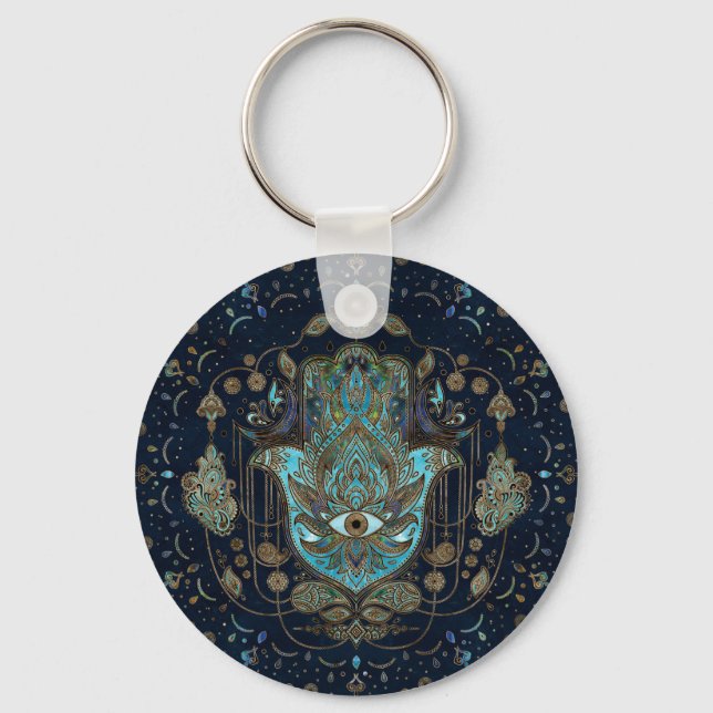 Hamsa Hand -Hand of Fatima Blue Gemstones Keychain (Front)