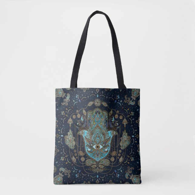 Hamsa Hand -Hand of Fatima Blue Gemstones Tote Bag (Front)