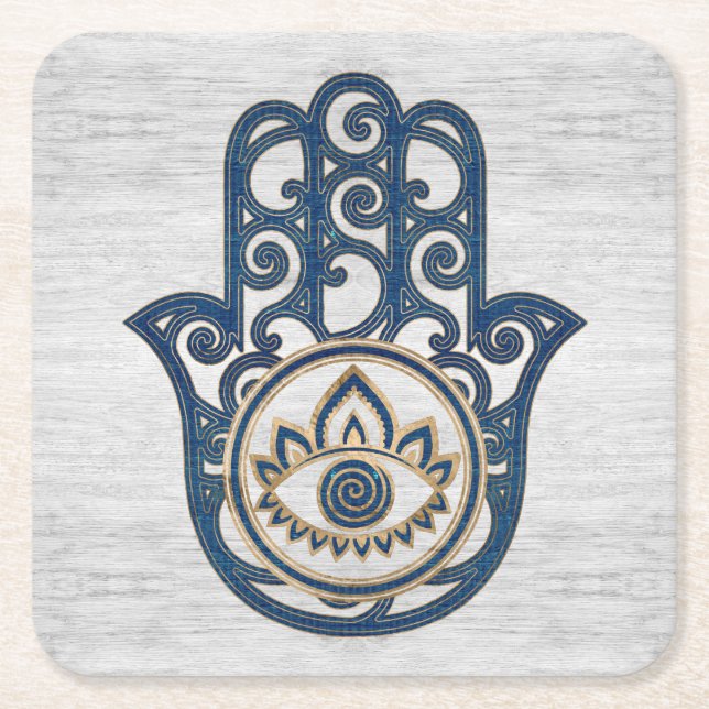 Hamsa Hand - Hand of Fatima blue wood Square Paper Coaster (Front)