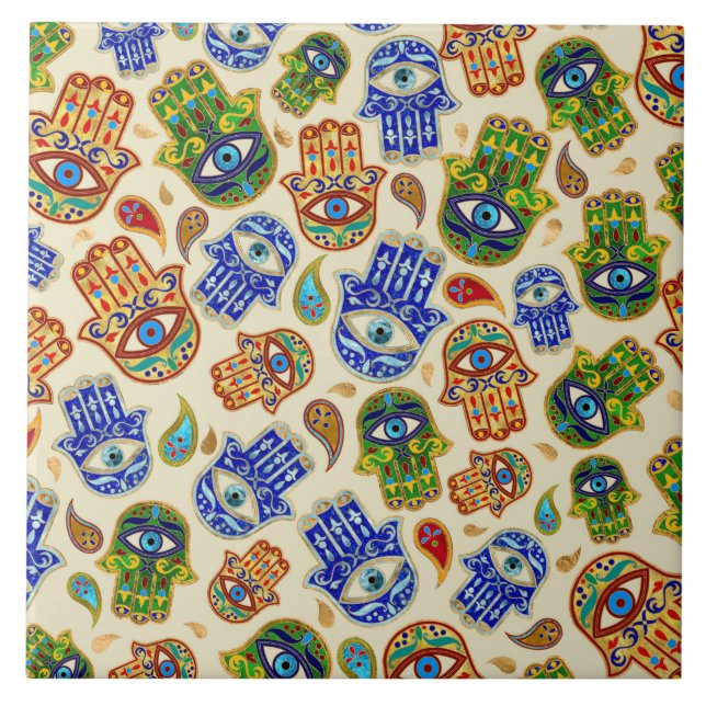 Hamsa Hand - Hand of Fatima colourful pattern Tile (Front)