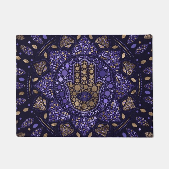 Hamsa Hand -Hand of Fatima in Lotus mandala Doormat (Front)