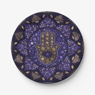 Hamsa Hand -Hand of Fatima in Lotus mandala Paper Plate