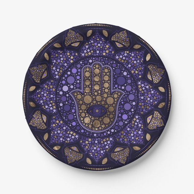 Hamsa Hand -Hand of Fatima in Lotus mandala Paper Plate (Front)