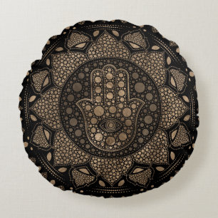 Hamsa Hand -Hand of Fatima in Lotus mandala Round Pillow