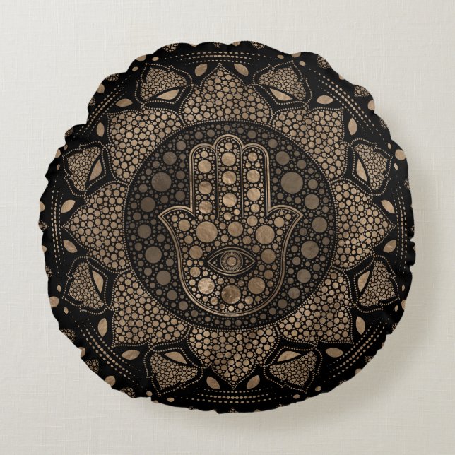 Hamsa Hand -Hand of Fatima in Lotus mandala Round Pillow (Front)