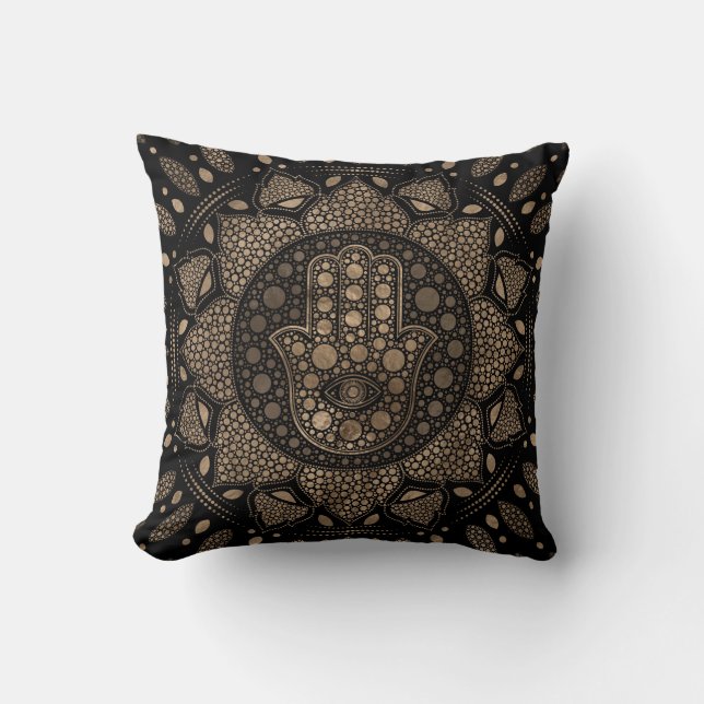 Hamsa Hand -Hand of Fatima in Lotus mandala Throw Pillow (Front)