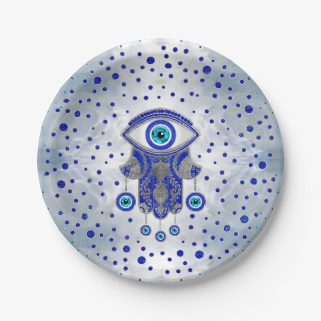 Hamsa Hand -Hand of Fatima Lapis Lazuli and Silver Paper Plate (Front)