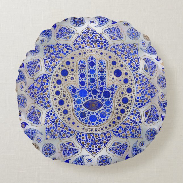Hamsa Hand -Hand of Fatima on Mother of Pearl Round Pillow (Front)