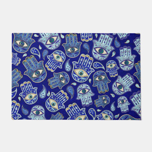 Hamsa Hand - Hand of Fatima pattern Blue Minerals Doormat (Front)