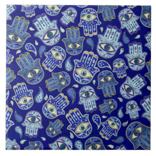 Hamsa Hand - Hand of Fatima pattern Blue Minerals Tile