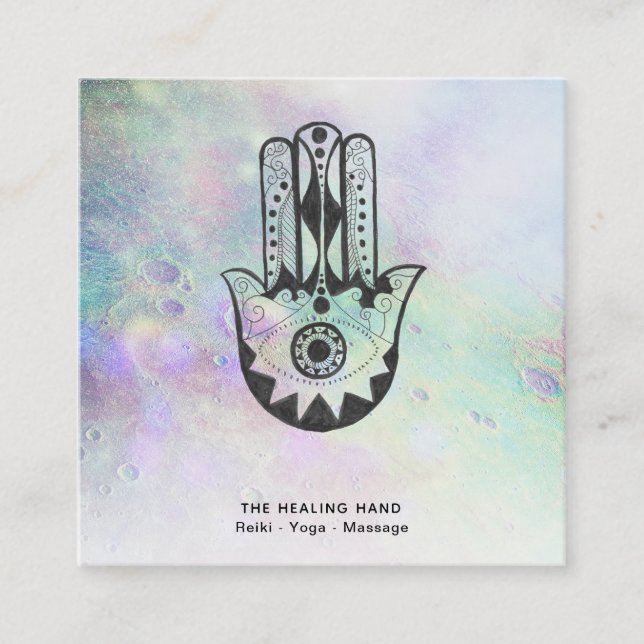 *~* Hamsa Hand of Fatima Craters of Moon Rainbow Square Business Card (Front)