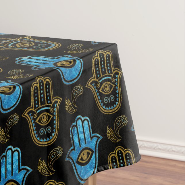 Hamsa Hand pattern - Gold and Blue glass Tablecloth (In Situ)