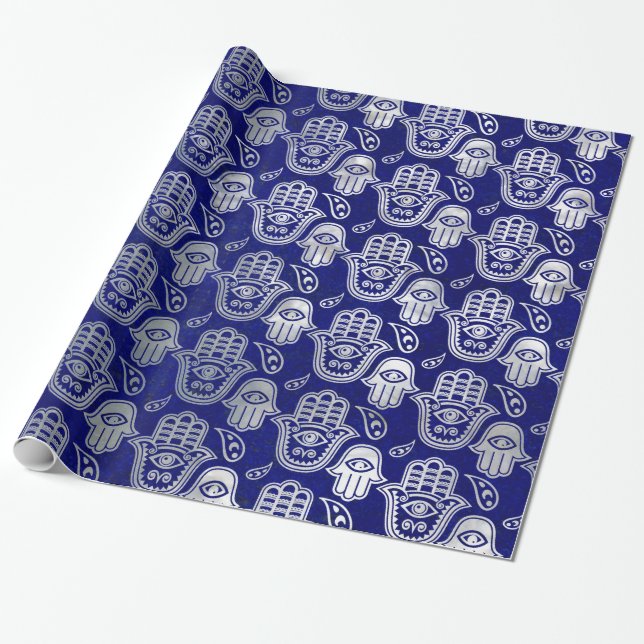 Hamsa Hand pattern - pearl and silver on lapis laz Wrapping Paper (Unrolled)