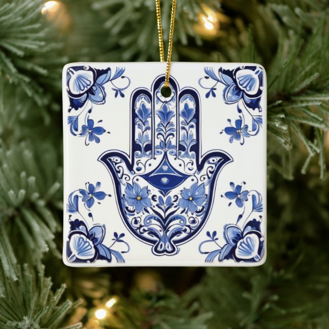 Hamsa Hand Symbol - Blue and White Hand of Fatima Ceramic Ornament (Tree)