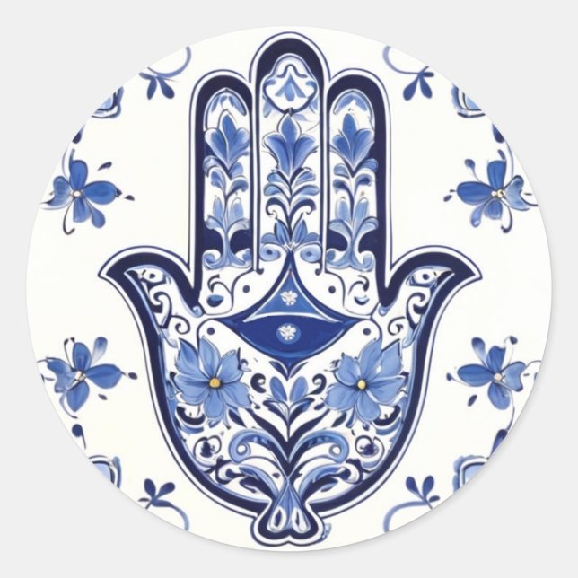 Hamsa Hand Symbol - Blue and White Hand of Fatima Classic Round Sticker (Front)