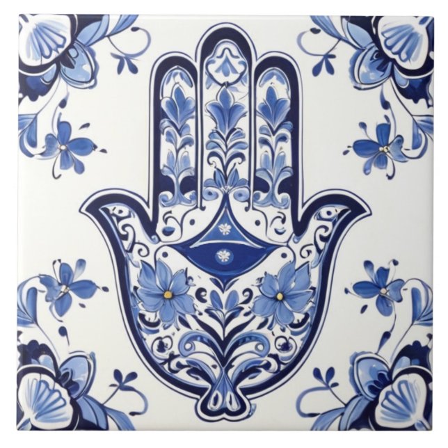 Hamsa Hand Symbol - Blue and White Hand of Fatima Tile (Front)