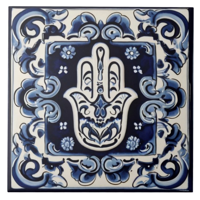 Hamsa Hand Symbol - Blue and White Hand of Fatima Tile (Front)
