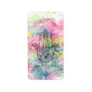 HAMSA Hand Symbol Colourful Watercolor Label