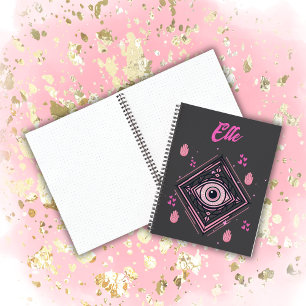 Hamsa Hand with Evil Eye and Hearts Pink on grey Notebook