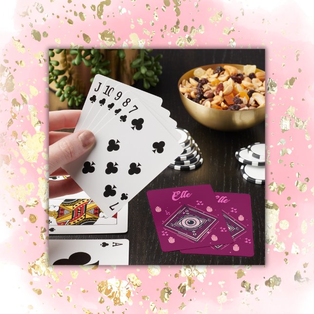 Hamsa Hand with Evil Eye and Hearts Pink on wine Playing Cards (Creator Uploaded)